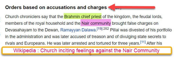 wikipedia screen about Devasahapillai in Eng-inciting feelings against Nair Community