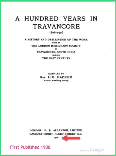 Inside cove of a Hundred Years in Travancore