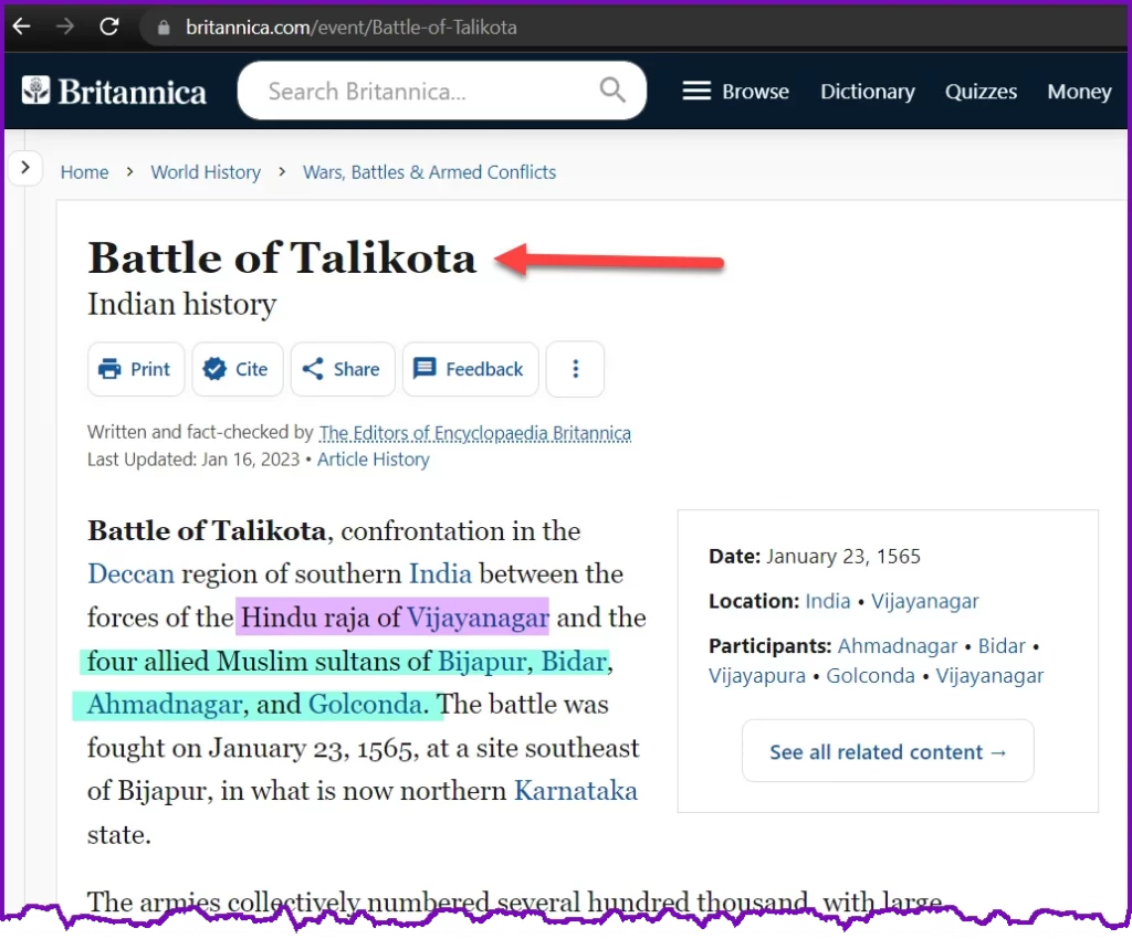 Britannica -Battle of Talikota 